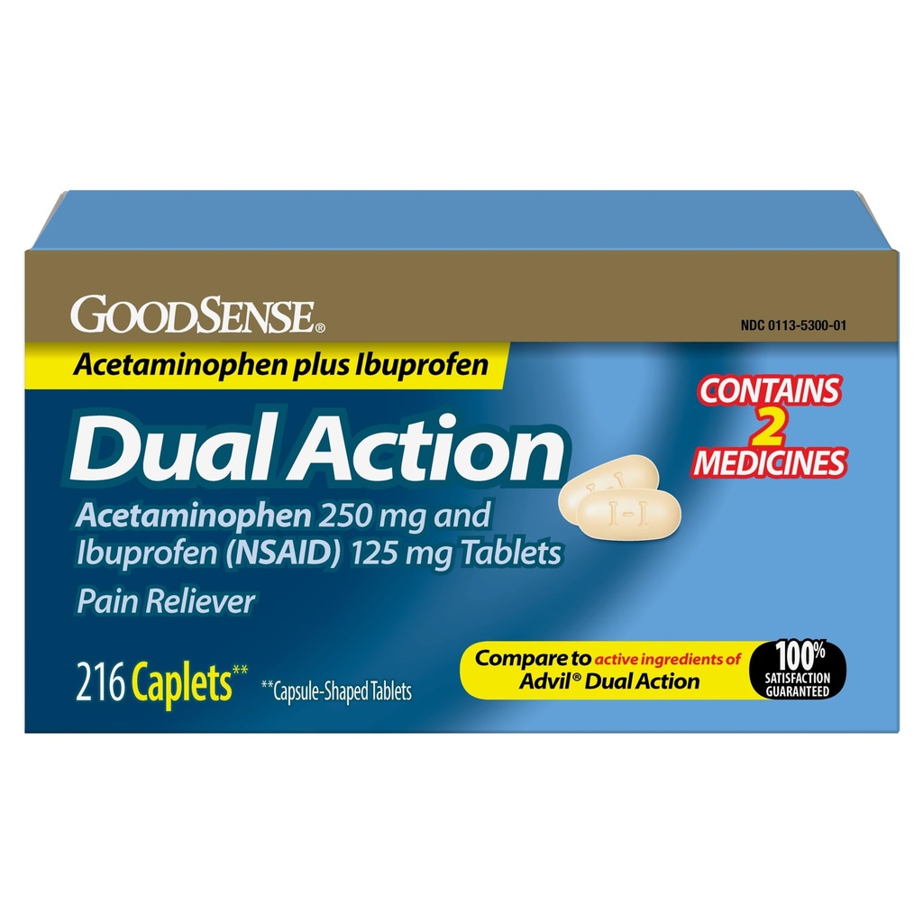 GoodSense Dual Action Acetaminophen 250 mg and Ibuprofen (NSAID) 125 mg Tablets, Pain Reliever for Headache Relief, Arthritis Pain Relief and More, 216 CT