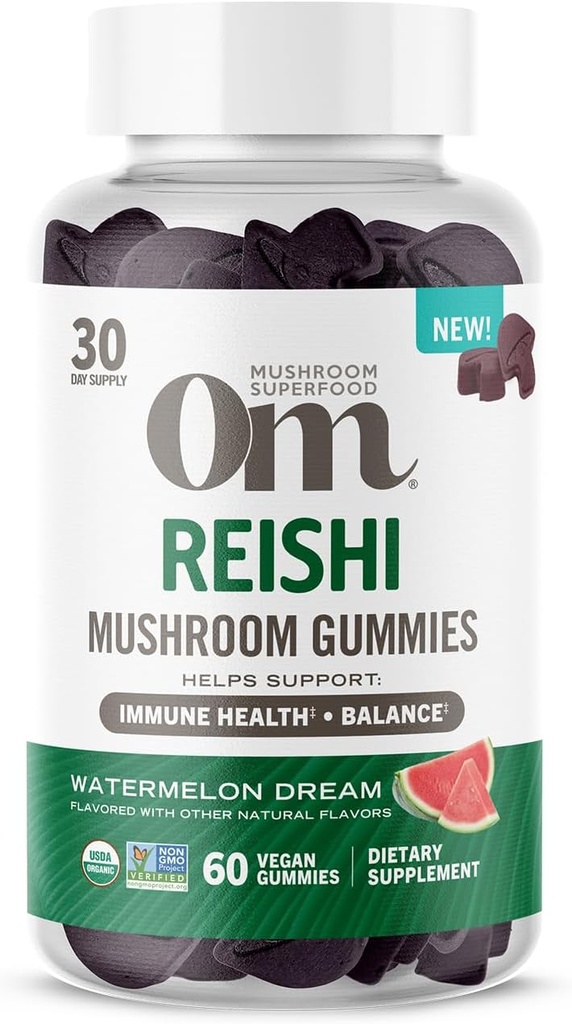 Om Mushroom Superfood Reishi Gummies, USA Grown Bio Pilze, unterstützt Immungesundheit, Balance, & Stress, 60 Count, 30 Servierungen Gummy Supplements