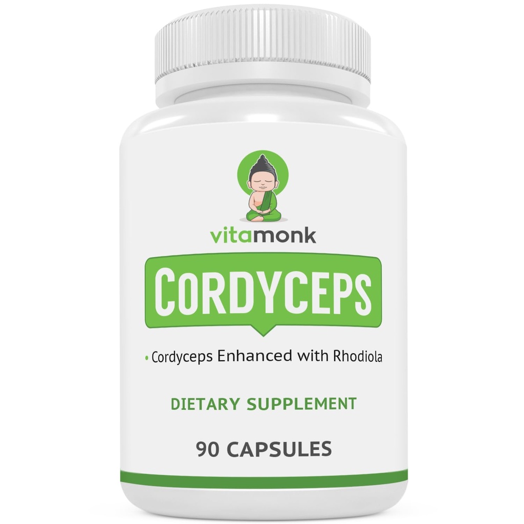 VitaMonk Cordyceps Mushroom Capsules mit Rhodiola, 2 Gramm Cordyceps Mushroom Verbessert mit Rhodiola - Boost Energy, Fight Stress, Enhance Performance, Non-GMO - 2000mg - 90 Caps