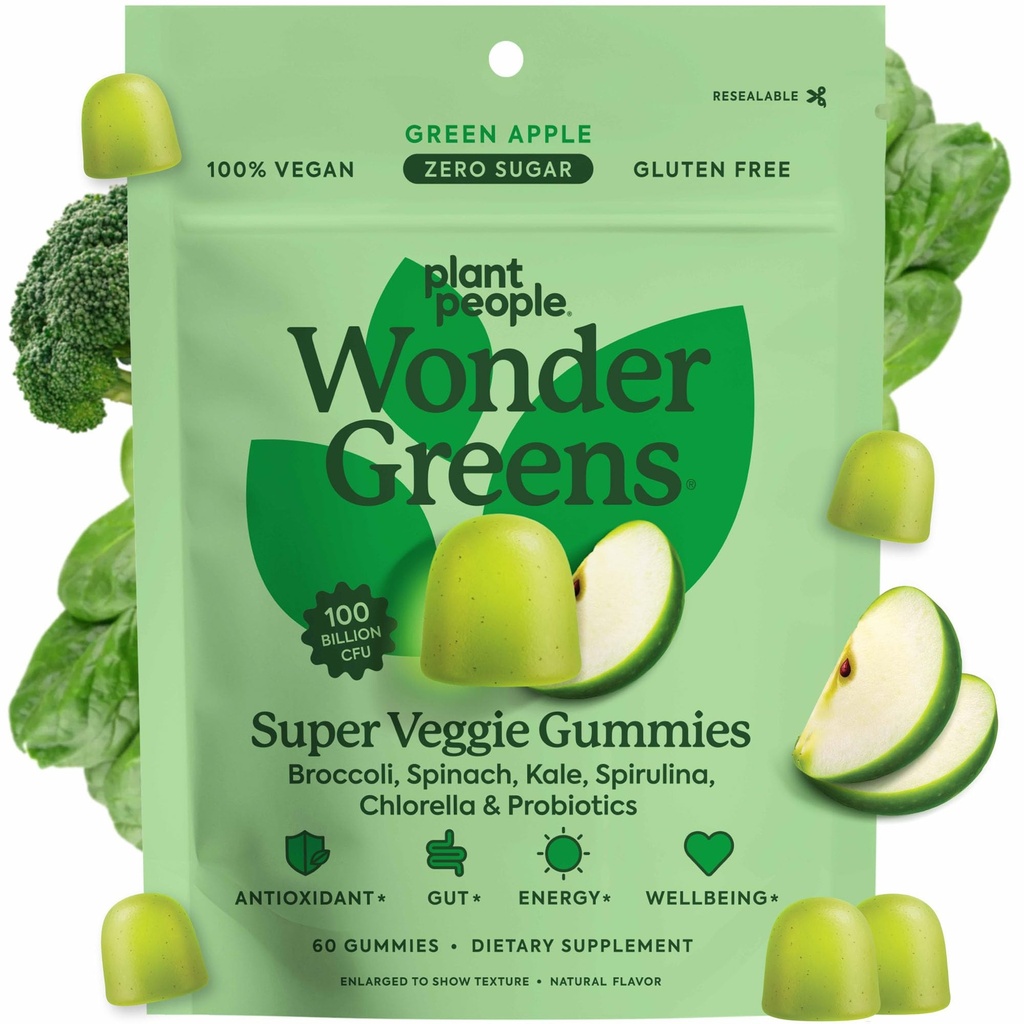 Plant People WonderGreens Veggie Gummies Super Greens mit Probiotics Multivitamin Unterstützung Gummy für Wohlbefinden, Energie, Immun-und Gut-Gesundheit, Green Apple Flavor (60 Count)