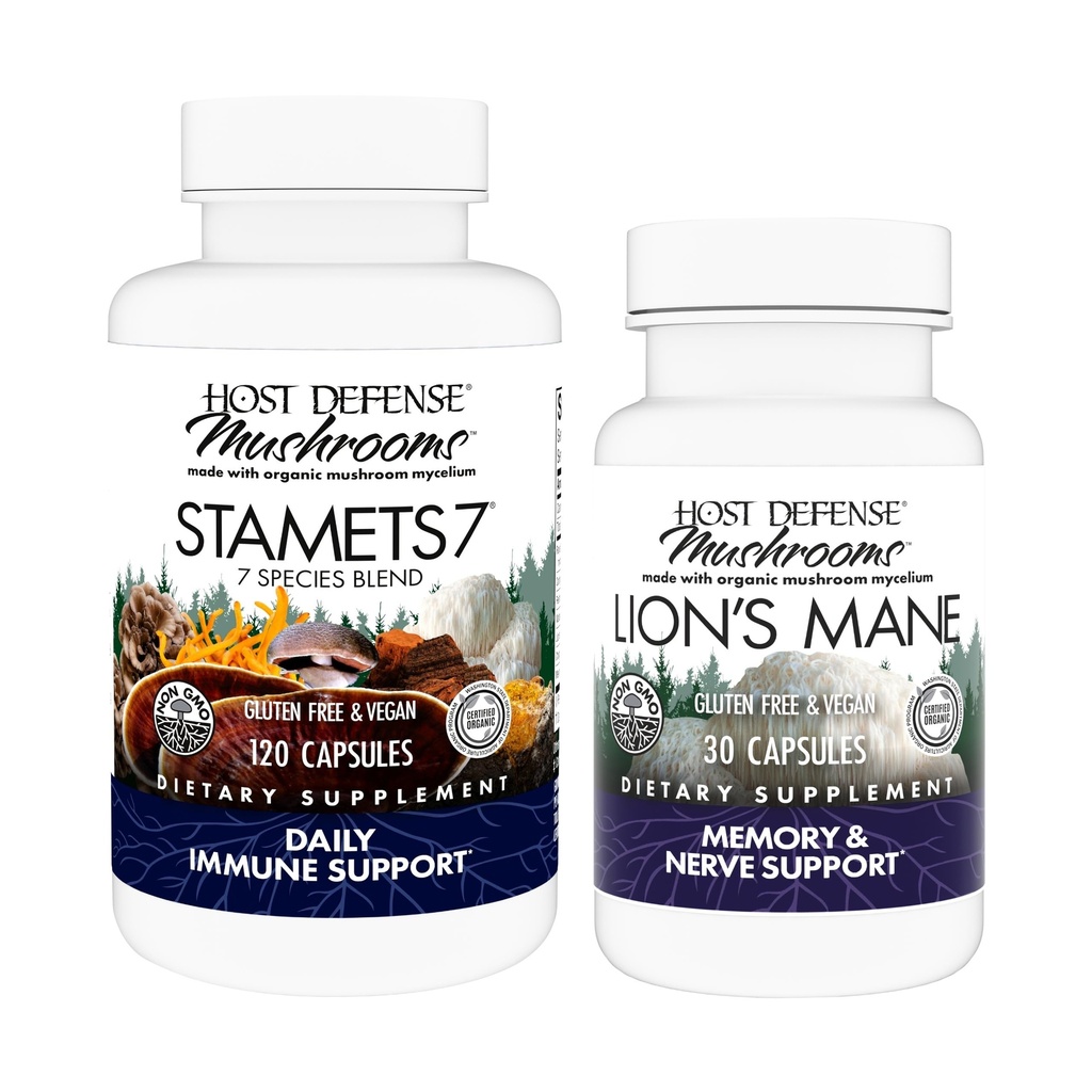 Host Defense Bundle mit Stamets 7, 120 Count & Lion's Mane Capsules, 30 Count - Unterstützung Immune Health & Function - Unterstützung Gehirn Gesundheit, Gedächtnis & Fokus*