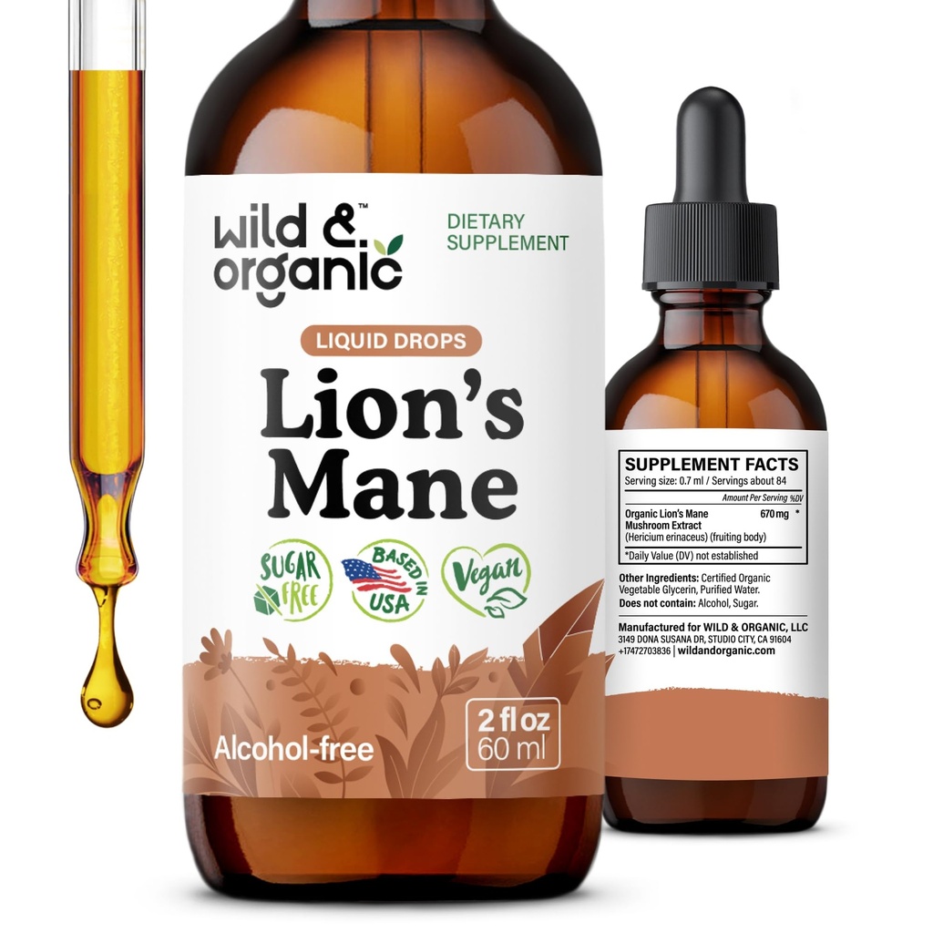 Wild & Organic Lions Mane Liquid Drops - Fokus & Brain Support - Lions Mane Supplement - Hericium Erinaceus Mushroom Extract Tincture - Vegan, Alkohol & Zuckerfrei - 2 fl oz
