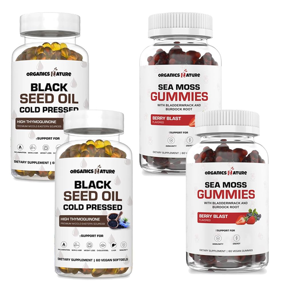 ORGANICS NATURE Black Seed Oil Capsules (2 Flaschen) & Sea Moss Gummies (2 Flaschen) | Vegan Softgels, für Haare, Haut, Herz, Gelenkunterstützung, Lung Detox, Energie, Mucus Clear, Schilddrüse, Verdauung Omega 3s