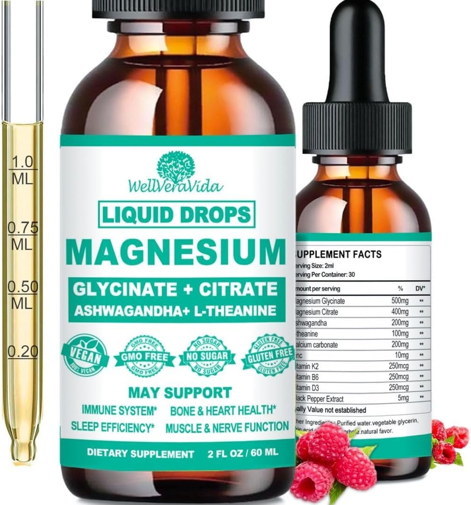 Magnesium Glycinat 500mg, Calm Magnesium Glycinat, Citrat mit Vitamin D3 K2 B6 Ashwagandha, L-Theanin, Chelate Magnesium Complex Supplement Flüssige Tropfen für Immunschlaf Knochen Mood Nerve Gesundheit