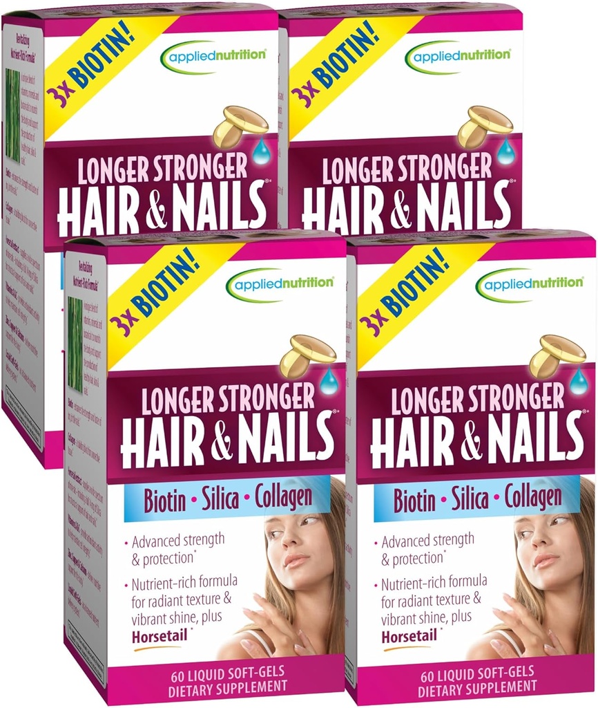 Angewandte Ernährung Längere Stärkere Haare & Nägel - 60 flüssige Soft-Gels, Packung von 4 - Biotin, Silica & Collagen - 120 Servierungen