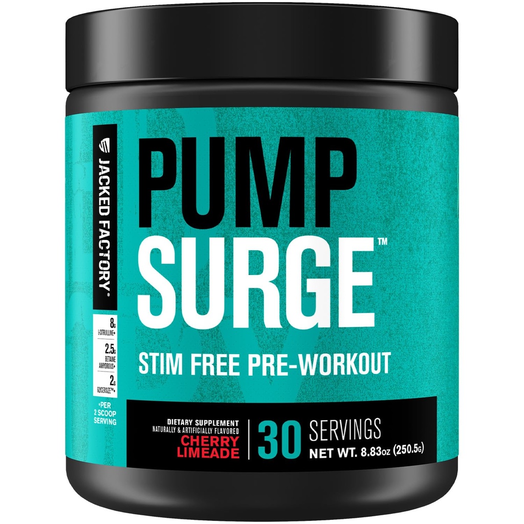 Jacked Factory Pumpsurge Caffeine Free Pre Workout für Männer und Frauen - Nootropic Booster & Stim Free Pre Workout - Intensive Pumpen, Enhanced Focus - 30 Servierungen, Kirsch Limeade