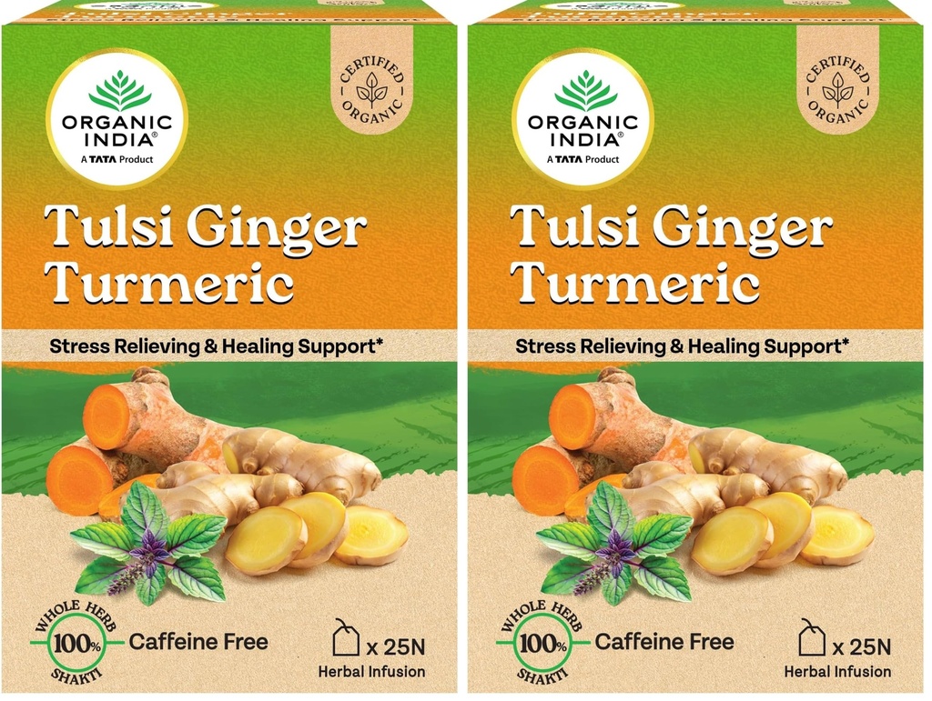 A TATA Product - Organic India Tulsi Ginger Turmeric - 25 Tea Bags, Boosts Immunity, Supports Healing & Recovery, Rich in Antioxidants, Made with Tulsi, Turmeric, Cinnamon, and Pepper (Pack of 2)
