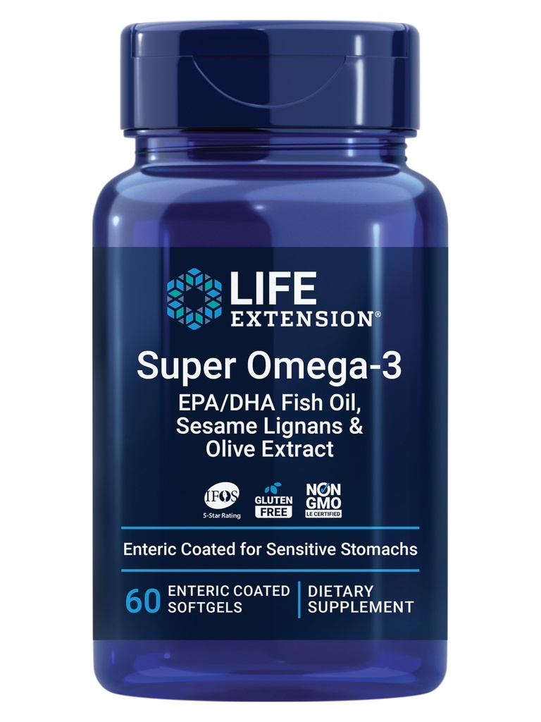 Life Extension Super Omega-3 EPA/DHA Fish Oil, Sesam Lignans & Olive Extract – Herzgesundheit, Gehirngesundheit, Entzündungsgesundheitsunterstützung, Glutenfrei, Enteric-Coated, Non-GMO, 60 Softgels