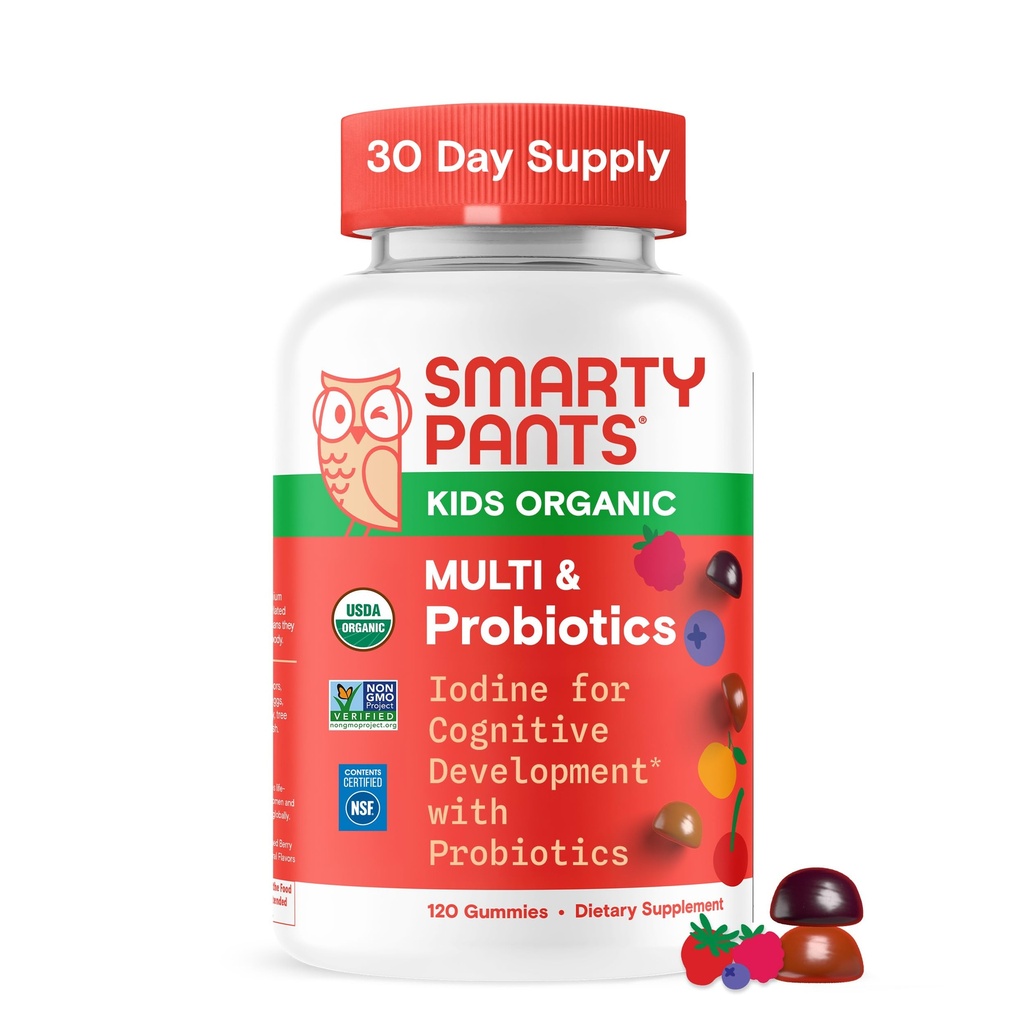 SmartyPants Organic Kids Multivitamin Gummie: Probiotika, Omega 3 (ALA), Vitamin D3, C, Vitamin B12, B6, A, K & Zink für Immununterstützung, Biotin, Drei Fruchtschlamm, 120 Zähler (30 Tage Versorgung)