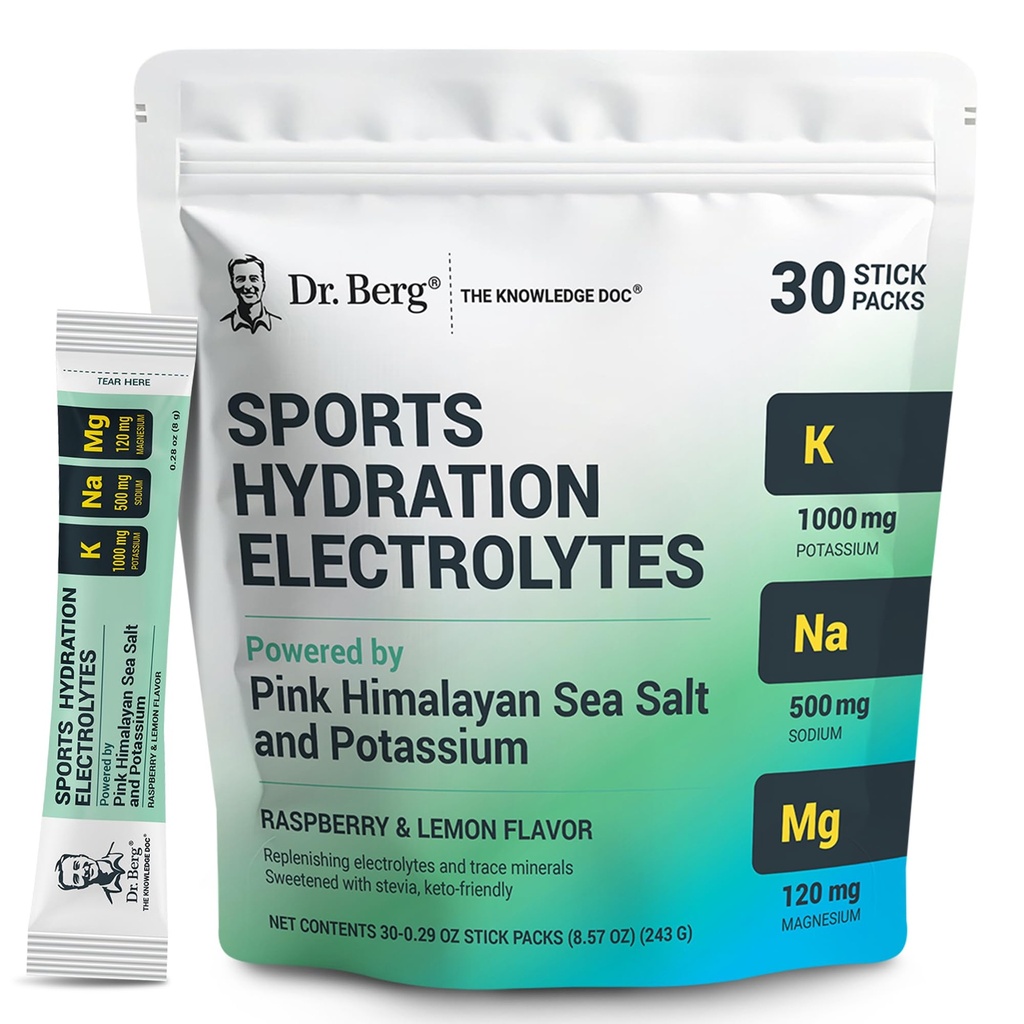 Dr. Berg Sports Hydration Elektrolyte Pulver w/Mehr Salz (Pink Himalayan) - 30 Keto Elektrolyte Pulverpackungen w/a Delicious Salty Raspberry & Lemon Flavor - Enthält 1.000 mg Kalium