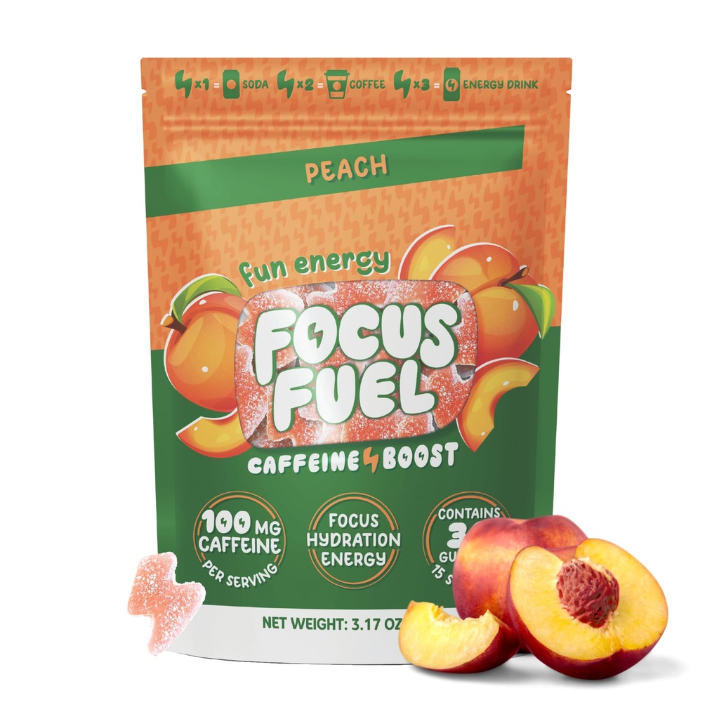 FocusFuel Energy Chews – Peach Flavor (15 Servierungen) – 100mg Koffein + Alpha GPC+ L-Theanin + B12, Magnesium – Glatte Fokus & Energie – Kein Crash oder Jitter