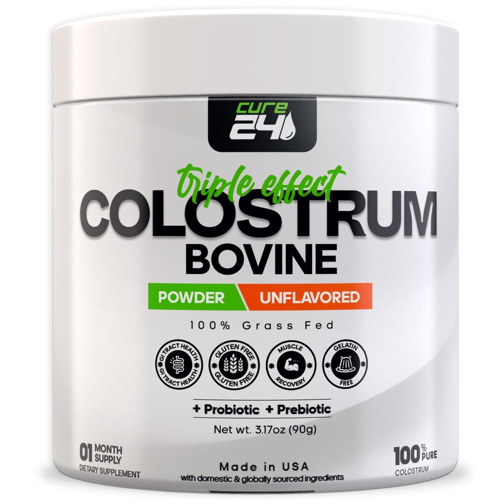 Bovine Colostrum X3 Supplement Powder for Humans, 100% Pure Whole Natural Grass Fed Superfood, High IgG, Plus Probiotic & Prebiotic, Unflavored, Made in USA