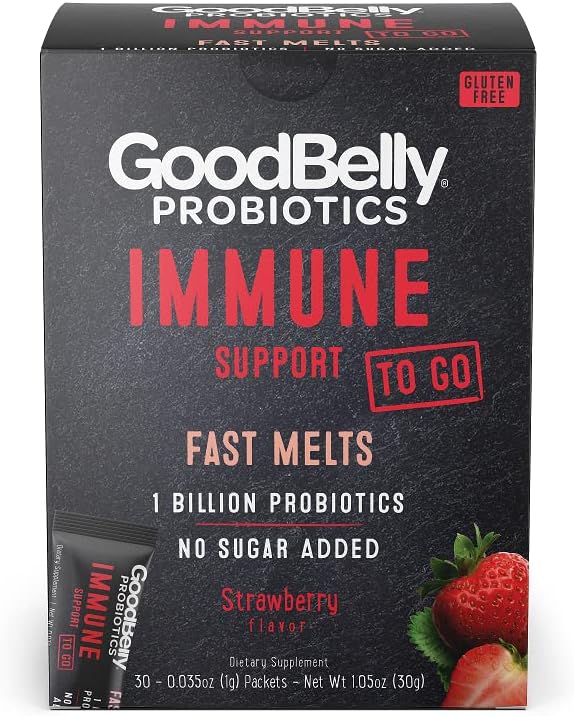 GoodBelly® Fast Melts – Immununterstützung - Vegan Probiotisches Pulver für Immununterstützung - 1 Billion Live & Active Cultures - Erdbeer-Flamour (30 On-The-Go Packets)