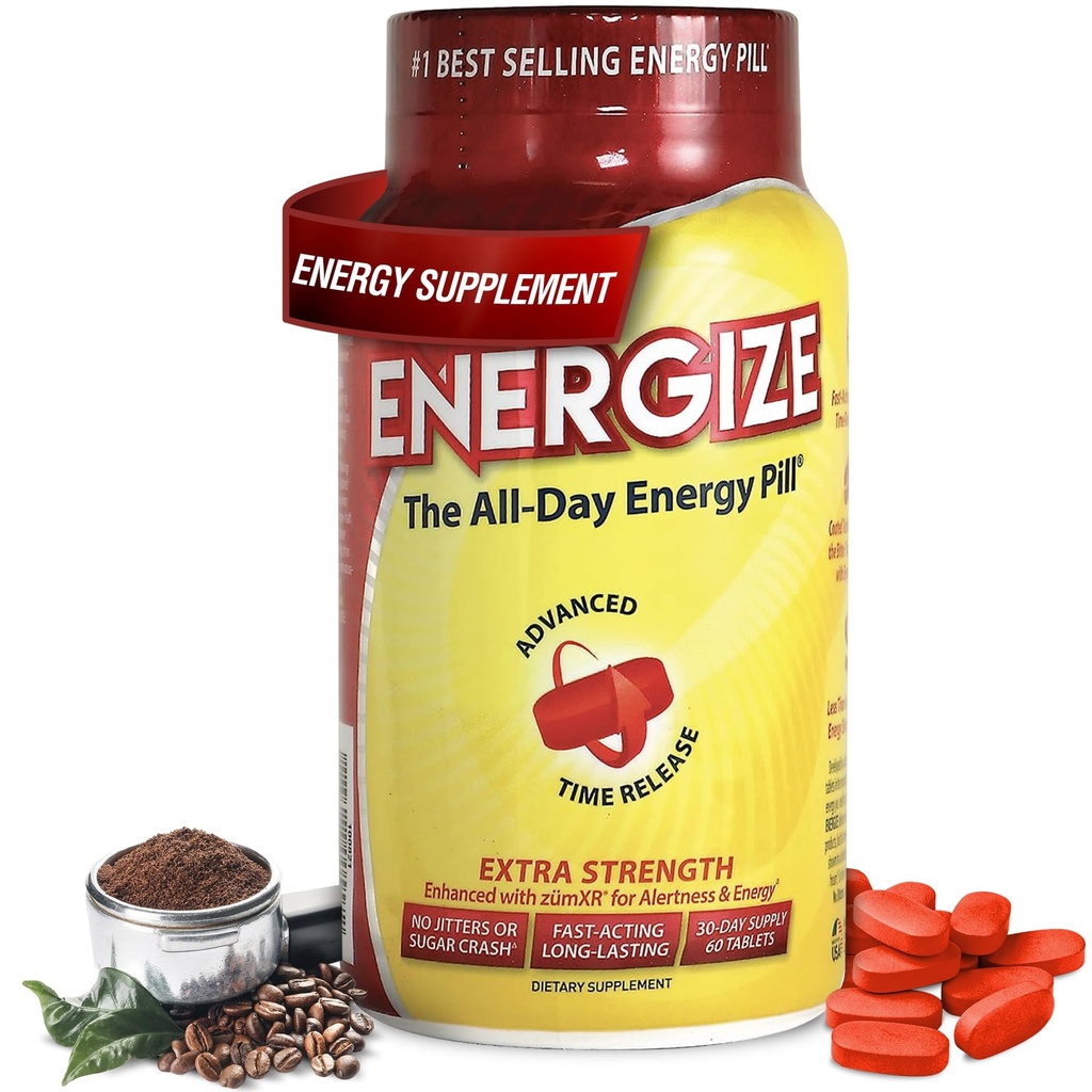 Energize Extra Strength Caffeine Pillen, Fast Acting Long-Lasting Energy Pille mit Extended Time Release Caffeine, verbesserte Clarity & Energy Unterstützung für Männer und Frauen, No Jitters, No Crash (60 Tabletten)
