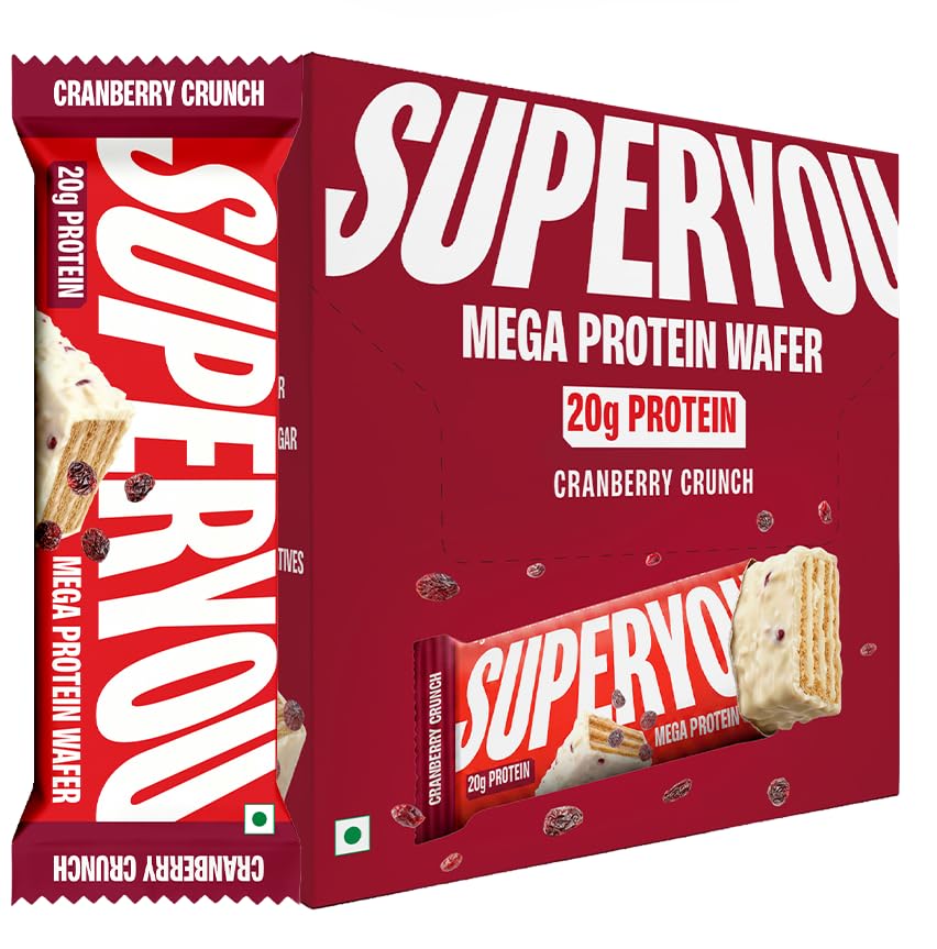 Superyou Cranberry Crunch Mega Protein Wafer Bar (Pack of 6) 20G Protein, 4.8g Fibre, No Added Sugar | Yeast Fermented |Energy Bars|Crunchy Wafer Bar|100% Vegetarian|No Palm Oil | 360g