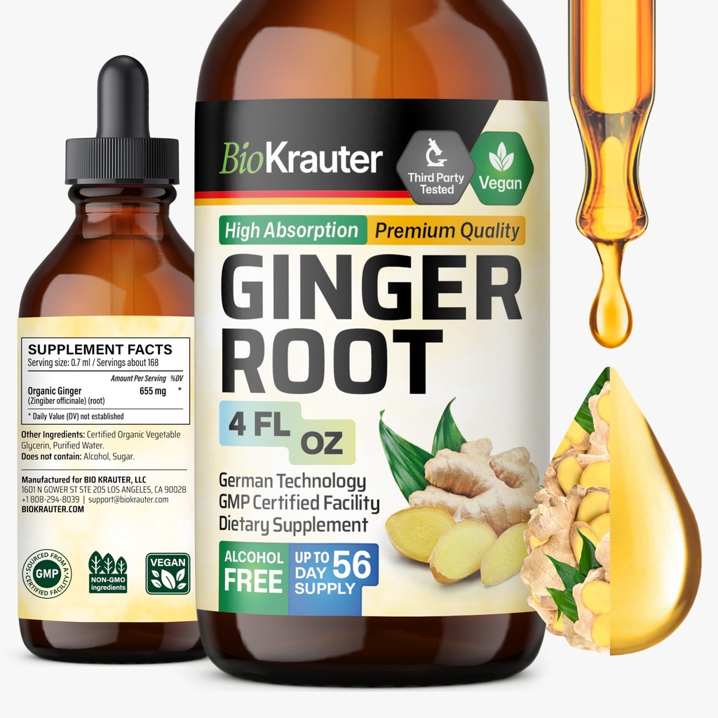 BIO KRAUTER Ginger Root Extract - Natürliche Ginger Ergänzungen für allgemeine Wellness - Alkohol und Zuckerfrei - Vegan Tropfen 4 Fl.Oz.