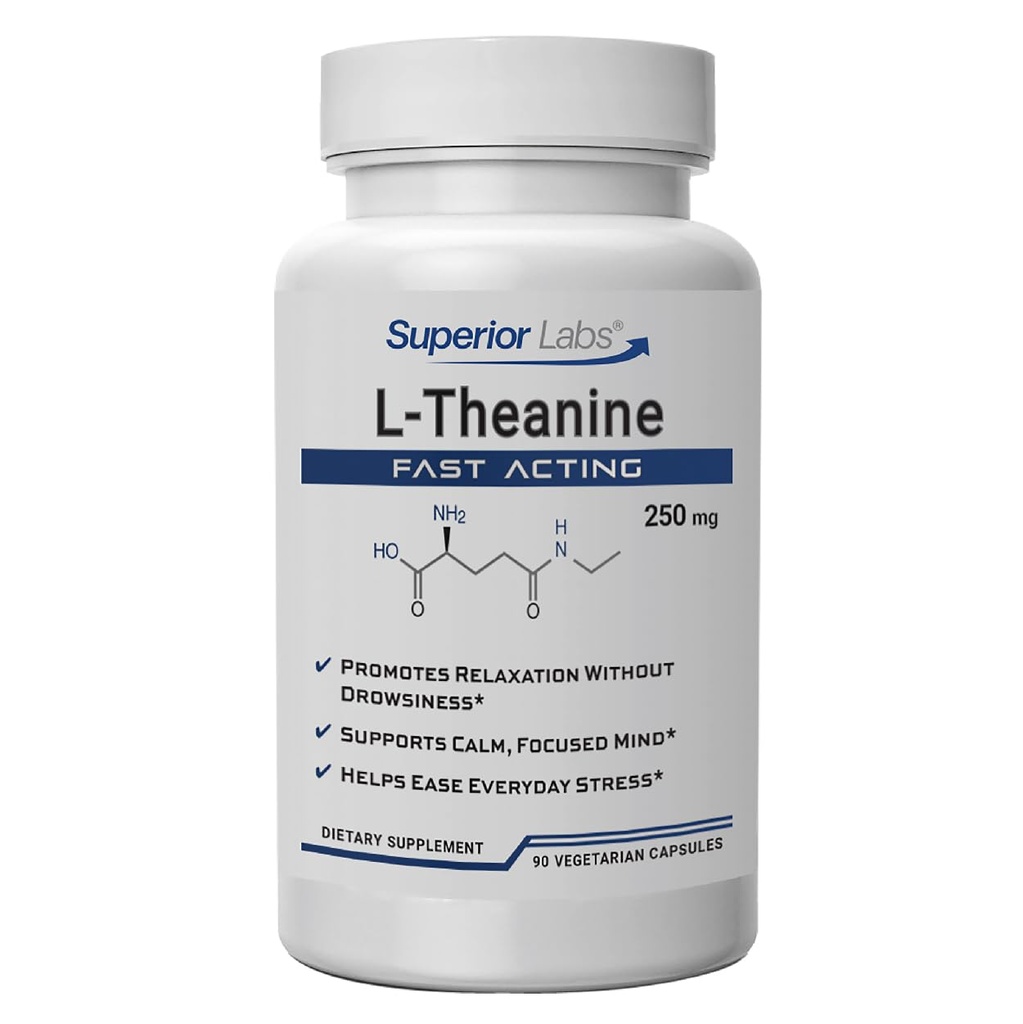 Superior Labs L-Theanin 250 mg Kapseln, reine Non-GMO Suntheanine, Filler-Free, fördert Entspannung & Stress Relief, Unterstützt gesunden Schlaf, verbessert Fokus und Aufmerksamkeit, hohe Absorption, 90 Veg Caps