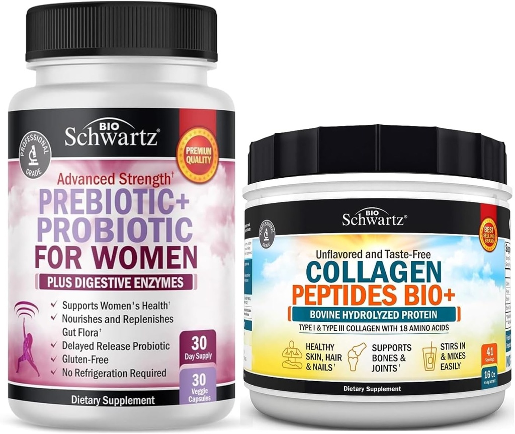 BioSchwartz Hydrolysiertes Collagen Peptides Powder (40+ Servierungen) Plus Präbiotika und Probiotika mit Verdauungsenzymen für Frauen (1 Monat Versorgung)