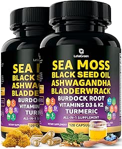 Sea Moss Capsules – 17-in-1 Blend mit schwarzem Seed Oil Ashwagandha Bladderwrack Burdock Root Turmeric Vitamin D3 K2 C für tägliches Wellness – Multimineral Supplement für Männer & Frauen – 240 Count