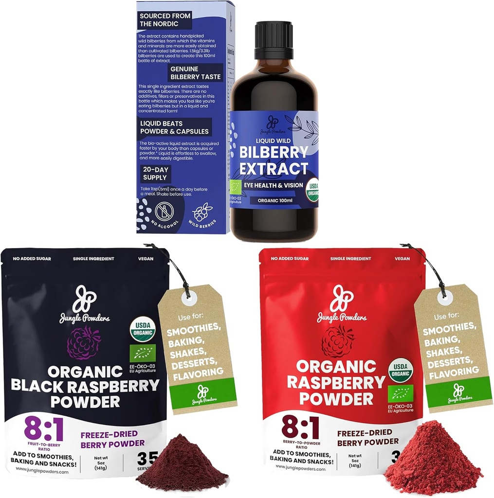 Dschungelpulver Wild Bilberry Extrakt für Augen USDA Organic 3.4oz Flasche, schwarz rot Himbeer Pulver Bundle 5 Unze Tasche, gefriergetrocknete Himbeeren zum Backen von Glatt Obst