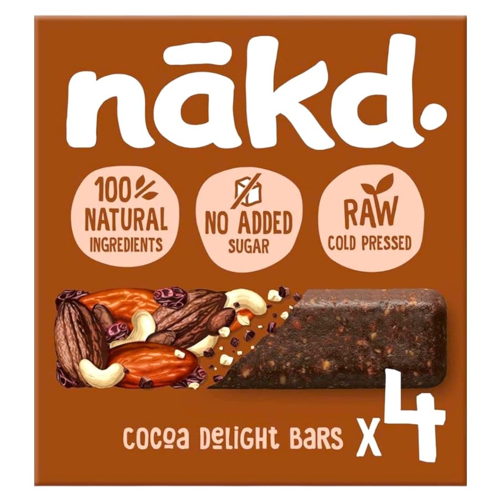 Nakd Raw Fruit and Nut Bars, Cocoa Delight Vegan and Gluten Free Snacks, 4 x 35g