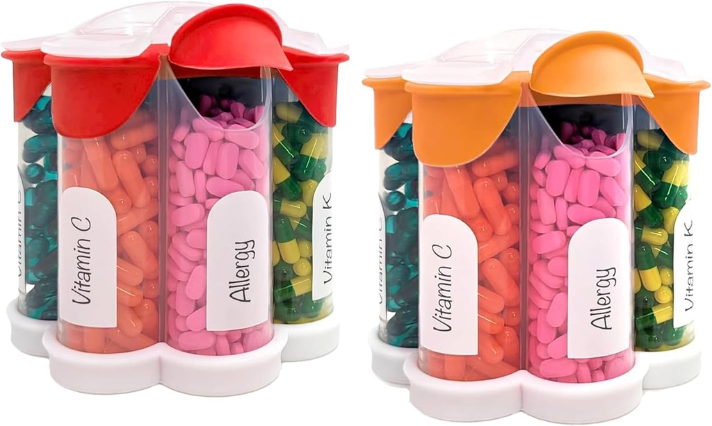 Extra Large Pill Organizer Täglich, Wöchentlich, Monatliche Beilage Flasche, niedliche Blossom Pill Dispenser mit 7 XL Compartments (2 Pack Combo) (Orange und Rot)