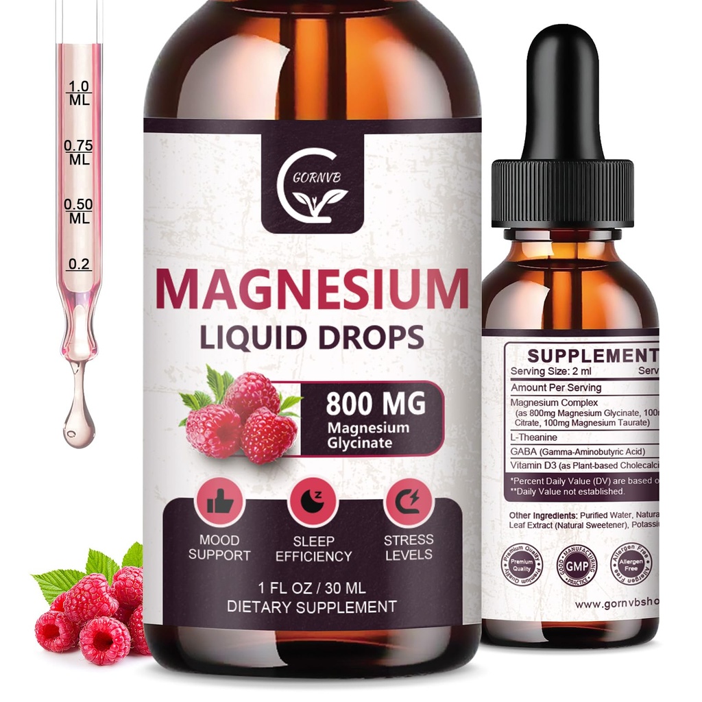 (2 Pack) Magnesium Glycinate Flüssigkeitstropfen | 1000mg Flüssiger Magnesiumkomplex mit D3, L-Thea & GABA für Energie, Schlaf, Nerven und Herzgesundheit, hohe Absorption, Himbeer Geschmack