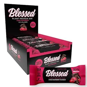 Blessed Vegan Protein Bars - Plant Based Protein Bars Low Calorie High Protein Meal Ersatz Bar - Dairy Free, Nutritious Vegan Snacks - 12 Pack Chocolate Raspberry
