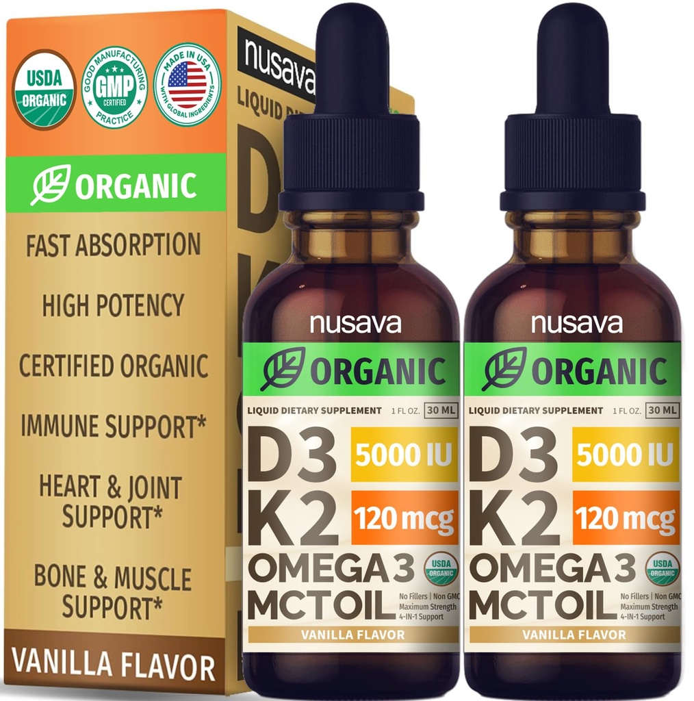 (2 Pack) Bio Vitamin D3 K2 Tropfen mit MCT Öl Omega 3, 5000 IU - maximale Stärke Vitamin D Flüssigkeit, keine Füllstoffe, Non-GMO Flüssigkeit D3 für schnellere Absorption und Immununterstützung (Vanilla, 1 Fl OZ x 2)