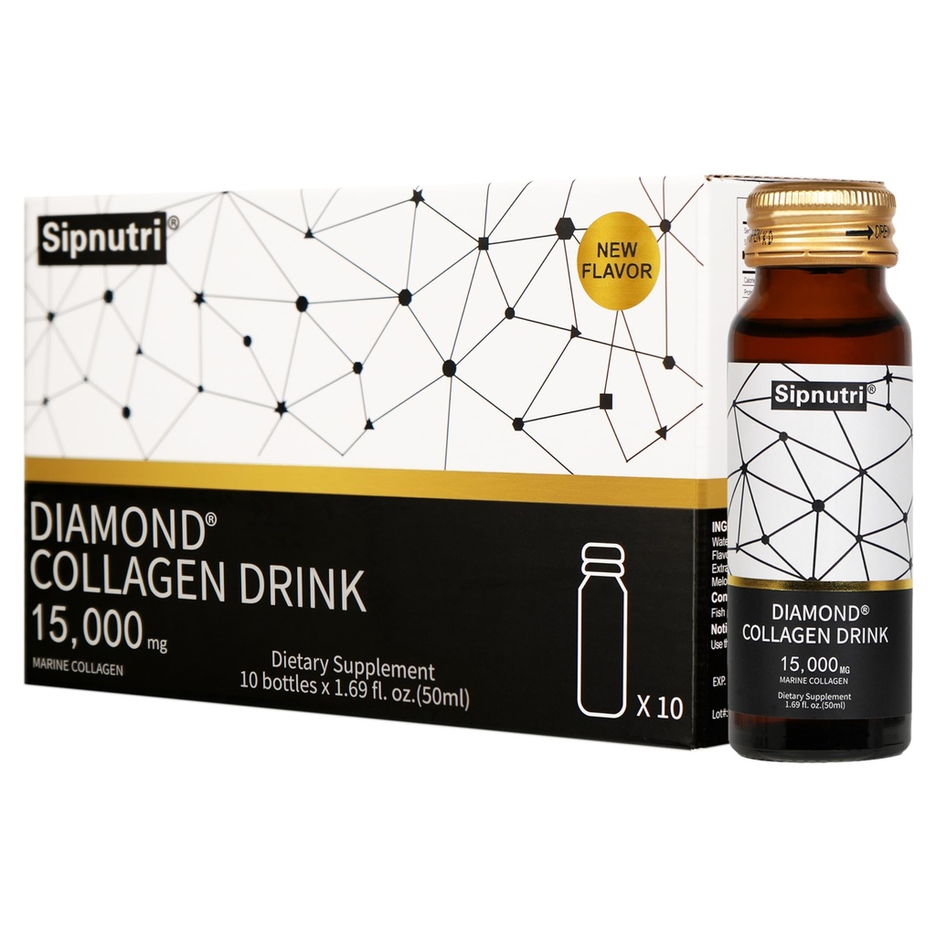 Diamond Liquid Collagen Drink, 15000 mg Hydrolyzed Marine Collagen Peptide mit Vitamin C, Granatapfel, Gesunde Haar Haut Nägel Gelenke Knochen Unterstützung, 50 ml x 10 Flaschen
