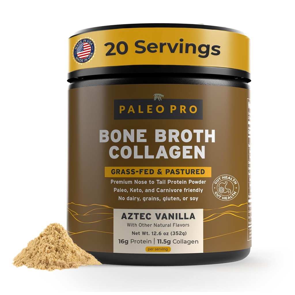 PaleoPro Bone Broth Collagen Protein Powder - Turmeric Root Grass-Fed Collagen Powder für Haut und Knochen - Glutenfrei, kein Zucker, Soja, Getreide, Net Carbs - Paleo Keto Friendly 20 Servings Aztec Vanilla