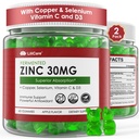 Zink-Gummien + Kupfer, Selen, Vitamin C & D3, Fermentierte Zink-Ergänzungen für Frauen und Männer mit Elderberry für tägliche Immununterstützung, Leistungsstarkes Antioxidans, hohe Absorption, Vegan, Zuckerfrei, 2 Packung