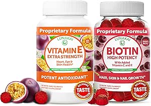 Lunakai Vitamin E und Biotin Gummie Bundle - 3000 mcg Gummi für Erwachsene Energieunterstützung und Knochengesundheit - Vitamine für Haar, Haut und jugendliche Erscheinung
