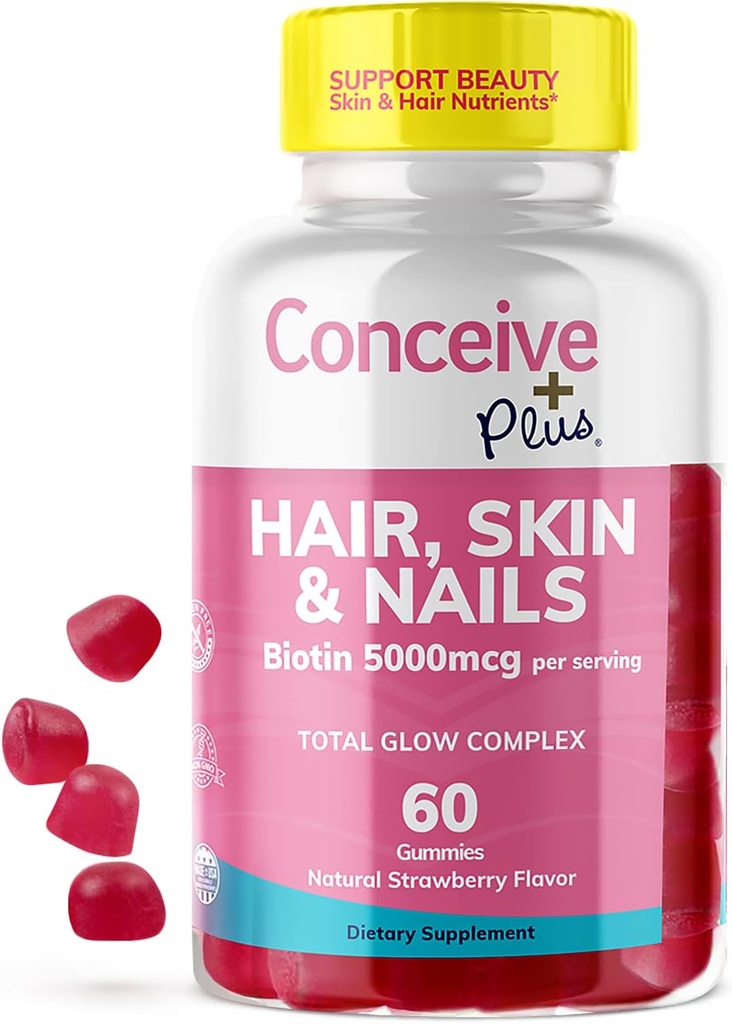 CONCEIVE PLUS Haar Skin & Nails Gummi - Extra-Strength Biotin, VIT A, C, D3, E Vitamine - Vegan, Haarwachstumsergänzung - Gelatin-Free - 60 Count