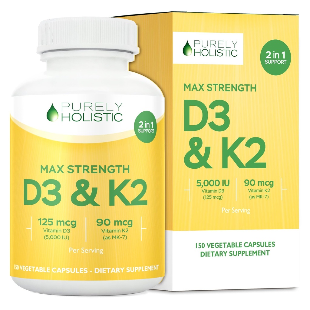 Rein ganzheitliches Vitamin D3 125mcg und Vitamin K2 90mcg MK7-4 Monat Versorgung 150 vegetarische Kapseln - Vitamin D3 & K2 Menaqunione - Hohe Festigkeit Cholecalciferol Made in USA