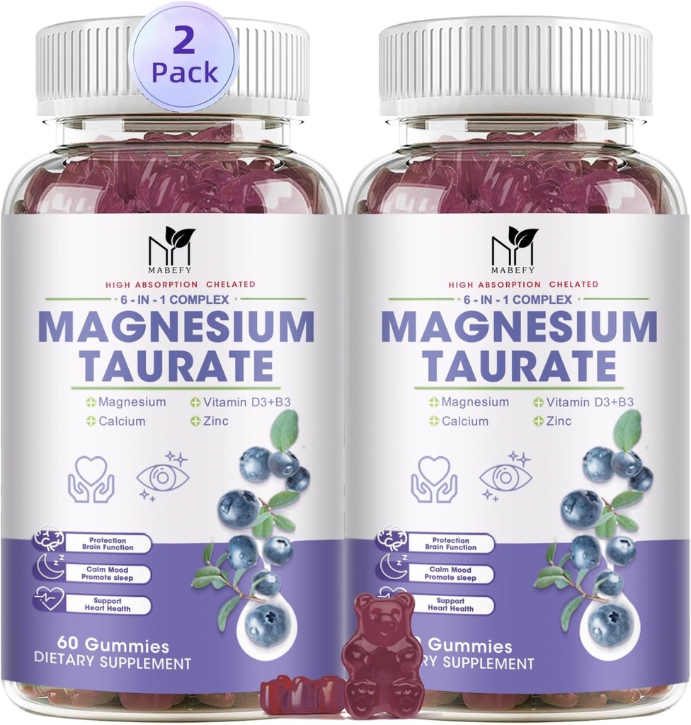 2 Pack Magnesium Supplement - Magnesium Taurate Magnesium Glycinate Gummis mit Magnesium Aspartate, Malate, Kaubares Magnesium-Komplex für Schlaf, Muskel und Herzgesundheit Unterstützung