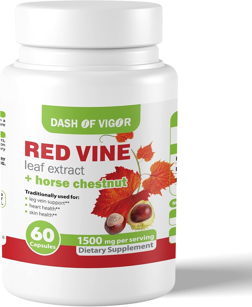 Dash of Vigor Red Vine Leaf Extract (Vitis Vinifera) und Ross Chestnut Extract, Red Vine Extract for Healthy Skin, Leg Veins, Zirkulation und Herz, 1500 mg, 60 Kapseln