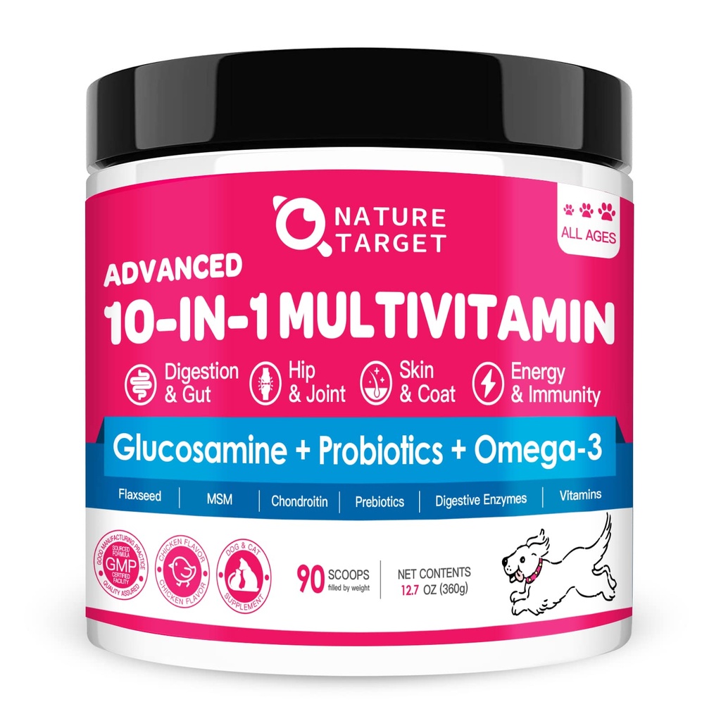 NATURE TARGET Hunde Vitamine Pulver, Probiotics & Digestive Enzyme für Gut Gesundheit, Glucosamine & Chondroitin & Omega 3, Komplette Ergänzung für hausgemachte Hundefutter, Gelenk & Haut & Immununterstützung
