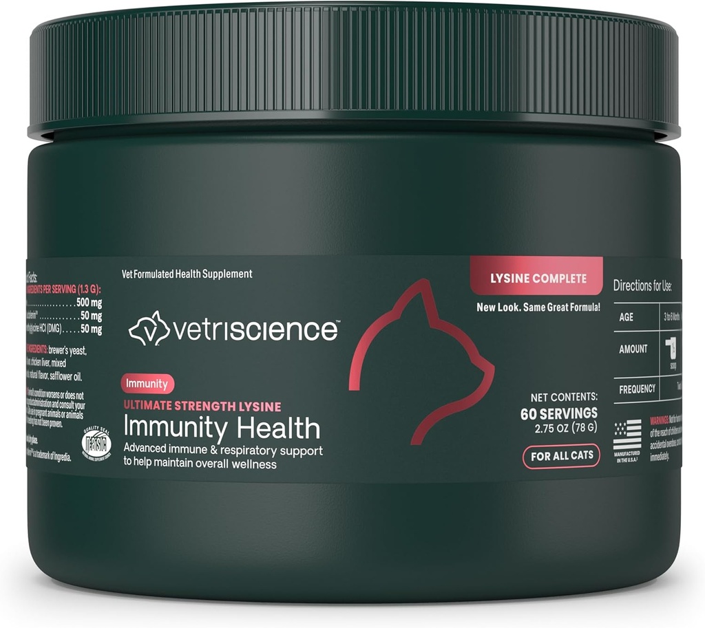 VetriScience Ultimate Strength Lysine Immunitäts-Gesundheits-Pulver für Katzen & Kittens, Ergänzung für Allergy & Nasal-Unterstützung, Niesen, Runny Nose & Wassery Eyes, Huhn & Käse Geschmack, 60 Count -Neuer Look