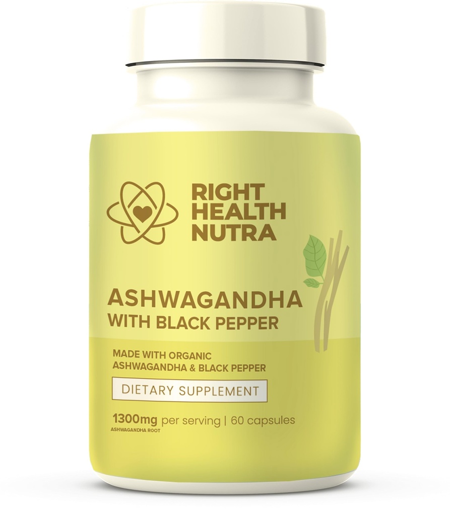 Right Health Nutra Ashwagandha Capsules - 60 Count - 1300mg Per Serving - Ashwagandha for Men and Women with Black Pepper for Maximum Absorption - Supplements Made in The USA