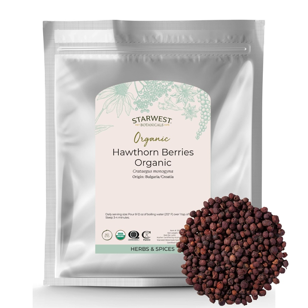 Starwest Botanicals Bio Hawthorn Beeren Ganz - Getrocknete Blatt Kräuter für Tee, Jam, & Kräuterextrakte, Natürliche Verdauungsunterstützung, Zertifizierte Kosher, Non-GMO - Bulk 1 lb Tasche