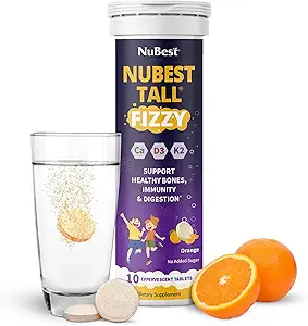 NuBest Tall Fizzy - Knochenstärke, Immunität, Verdauungsgesundheit für Kinder Alter 4+ & Teens | Probiotic, Calcium, Magnesium von Red Marine Algae, Vitamine | 10 Orange Effervescent Tablets | 2 Wochen Versorgung