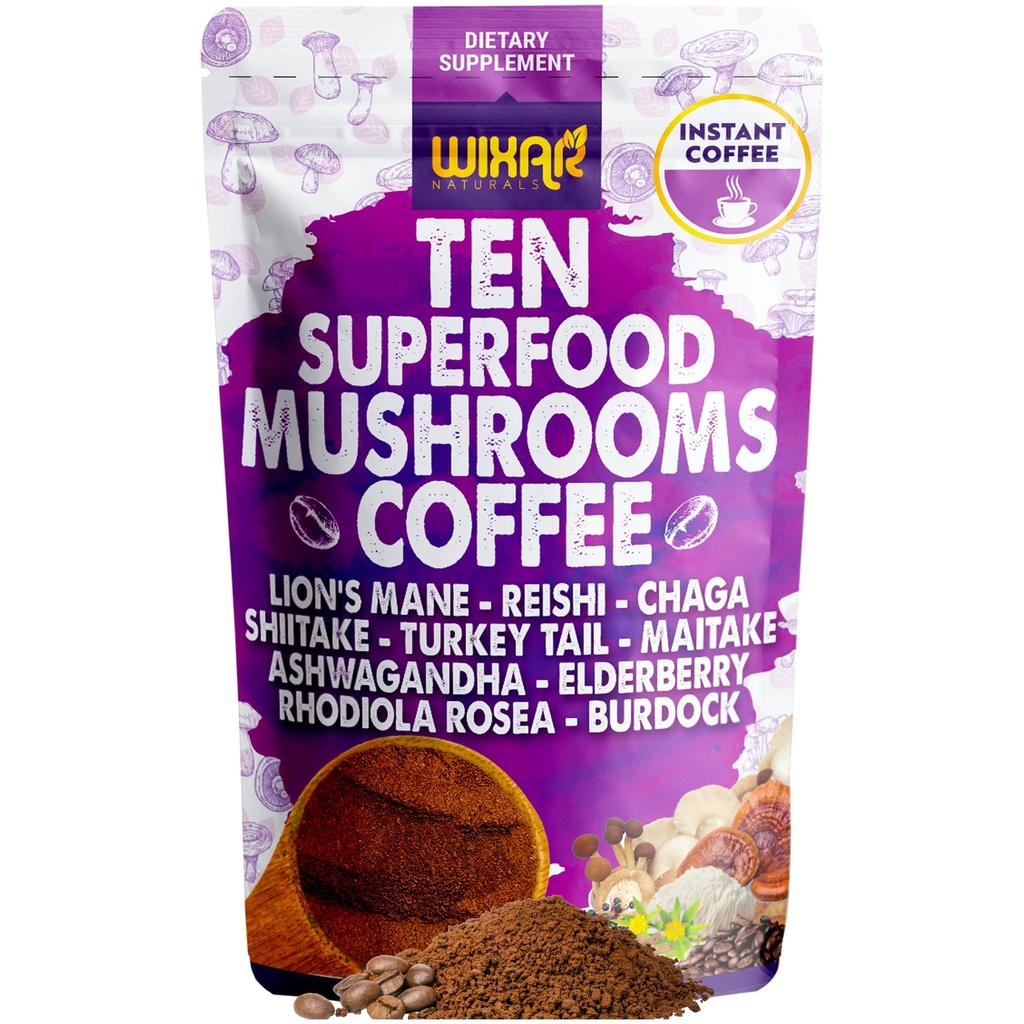 WIXAR Superfood Pilz Kaffee - Instant Kaffeepulver, Ten Superfood Extrakte mit Lion's Mane, Turkey Tail, Reishi, Chaga, Shiitake, Ashwagandha, Rhodiola Rosea, Elderberry, 5oz Pilzergänzung