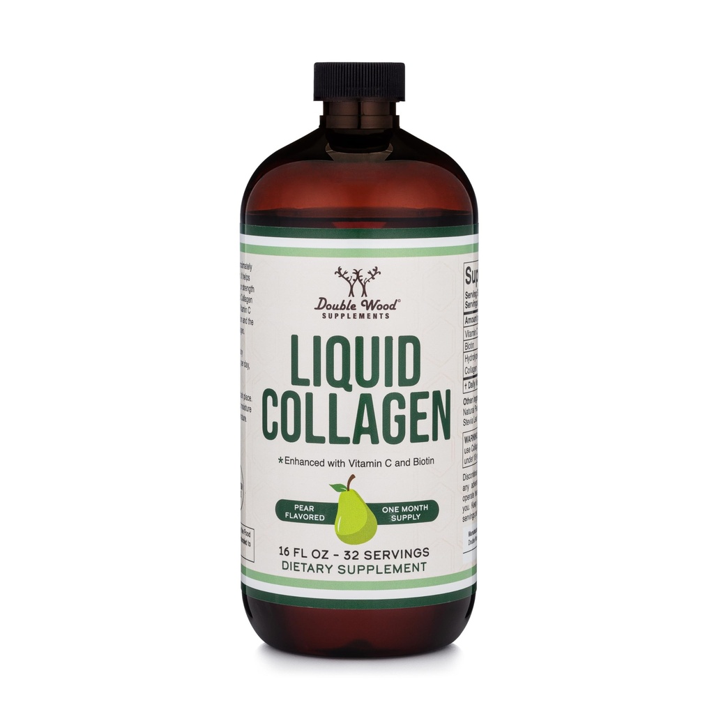 Double Wood Supplements Liquid Collagen - 2500mg Hydrolyzed Bovine Collagen (Typ 1, 3 und Grassfed) - 32 Servierungen - für Damen und Herren - 30 mcg Biotin - Sugar Free Pear Flavor