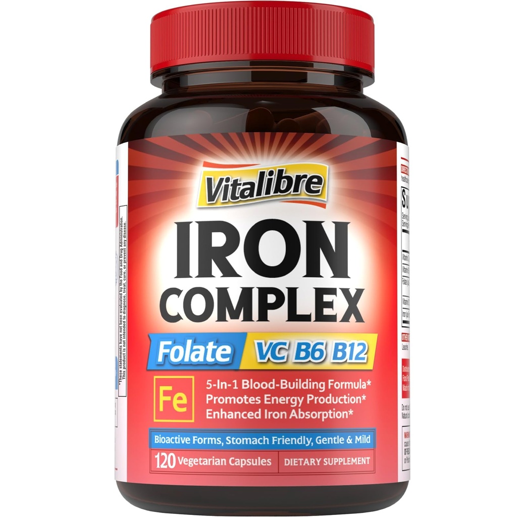 Eisen-Ergänzung für Frauen und Männer, mit Vitaminen C, B6, B12 & Folate für Iron Deficiency, Blood Building & Energy Support, Stomach Friendly, Better Absorption, Non-GMO,No Gluten,120 Vegan Caps