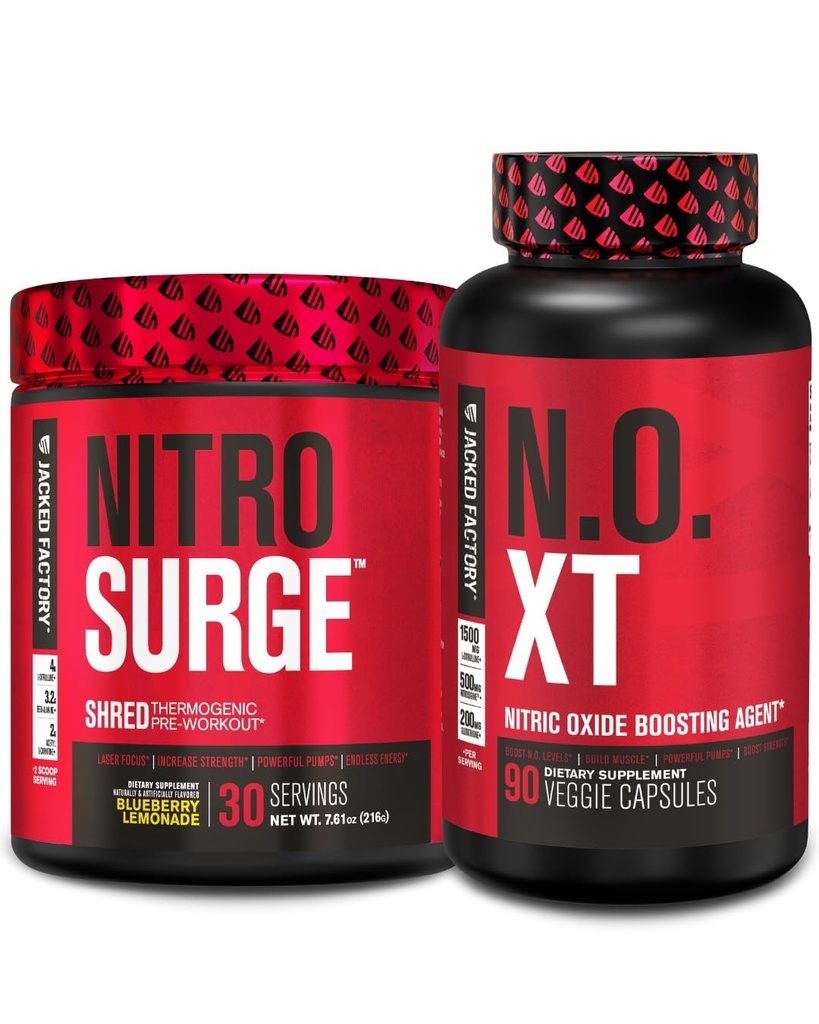 Jacked Factory Nitrosurge Shred Thermogenic PreWorkout in Blueberry Lemonade & N.O. XT Nitric Oxid Booster für Männer & Frauen