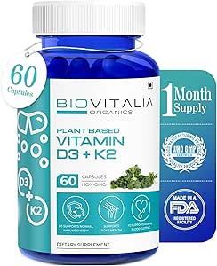 Biovitalia Pflanzen basiertes Vitamin D3 + K2 60 Kapseln für Männer & Frauen | Nahrungsergänzungsmittel | Unterstützt Immunsystem & Knochen Gesundheit | Fördert Calcium Absorption - 60 Vegan Kapseln