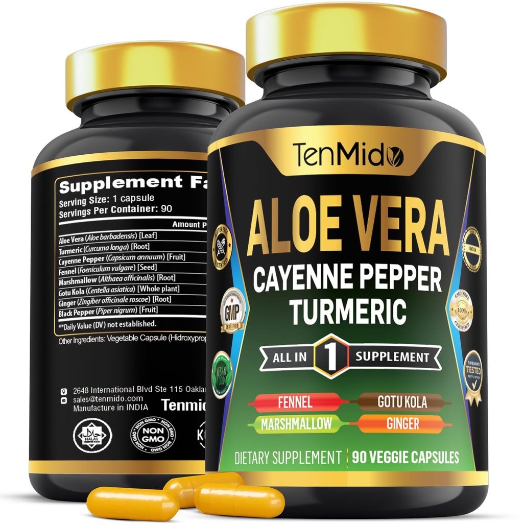 Aloe Vera Capsules Supplement - 8in1 Formel - Kombinieren Sie mit Turmeric, Cayenne Pepper, Marshmallow, Fennel, Gotu Kola, Ginger und Black Pepper - 90 Kapseln für 3 Monate Versorgung