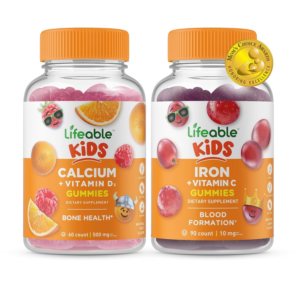 Lebensfähiges Kalzium mit Vitamin D Kinder + Eisen & Vitamin C Kinder, Gummis Bundle - Große Verkostung, Vitamin-Ergänzung, Glutenfrei, GMO frei, Kaugummi