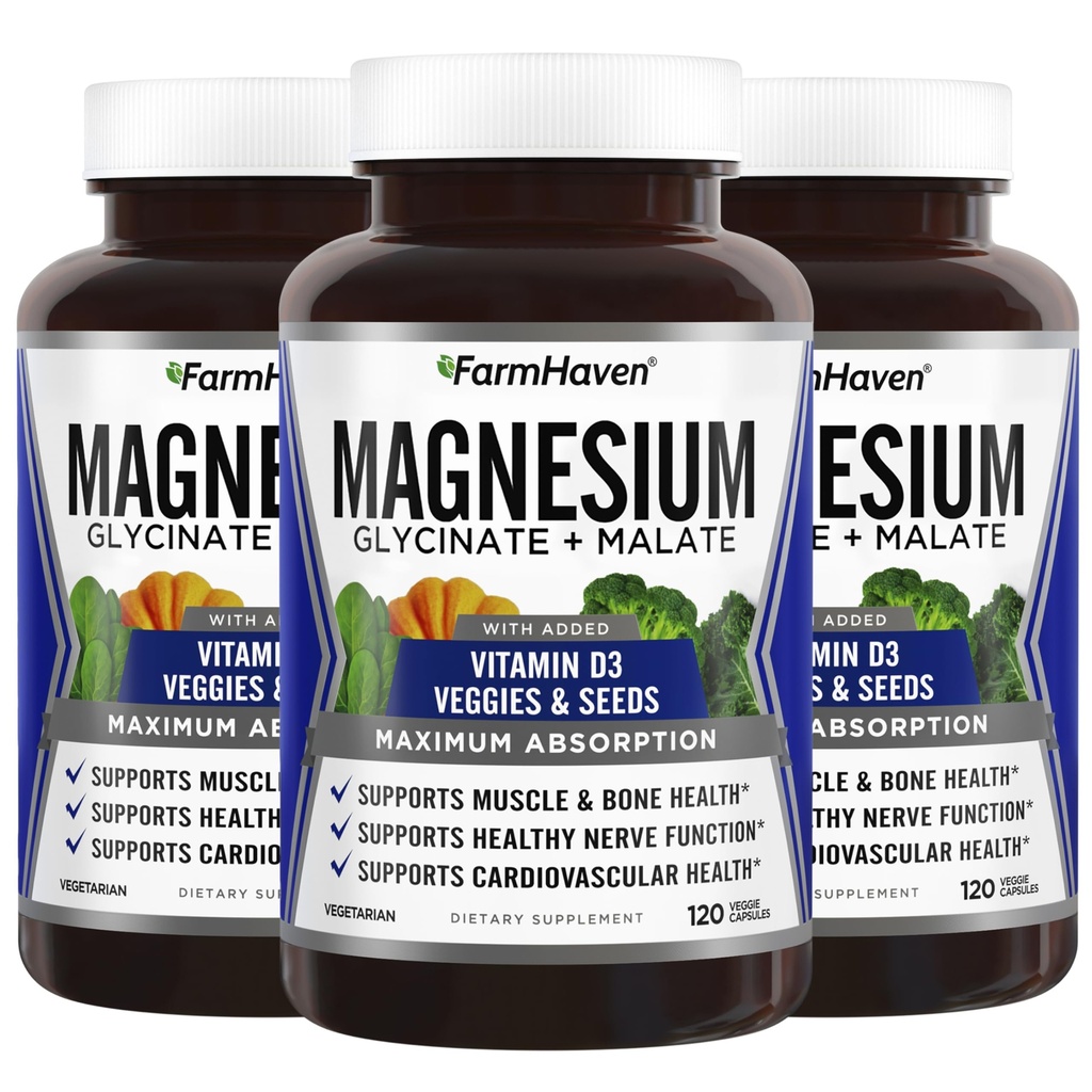 FarmHaven Magnesium Glycinate & Malate Complex w/ Vitamin D3, 100% Chelat für Max Absorption, Vegan – Knochengesundheit, Nerven, Muskeln, 360 Kapseln, 180 Tage